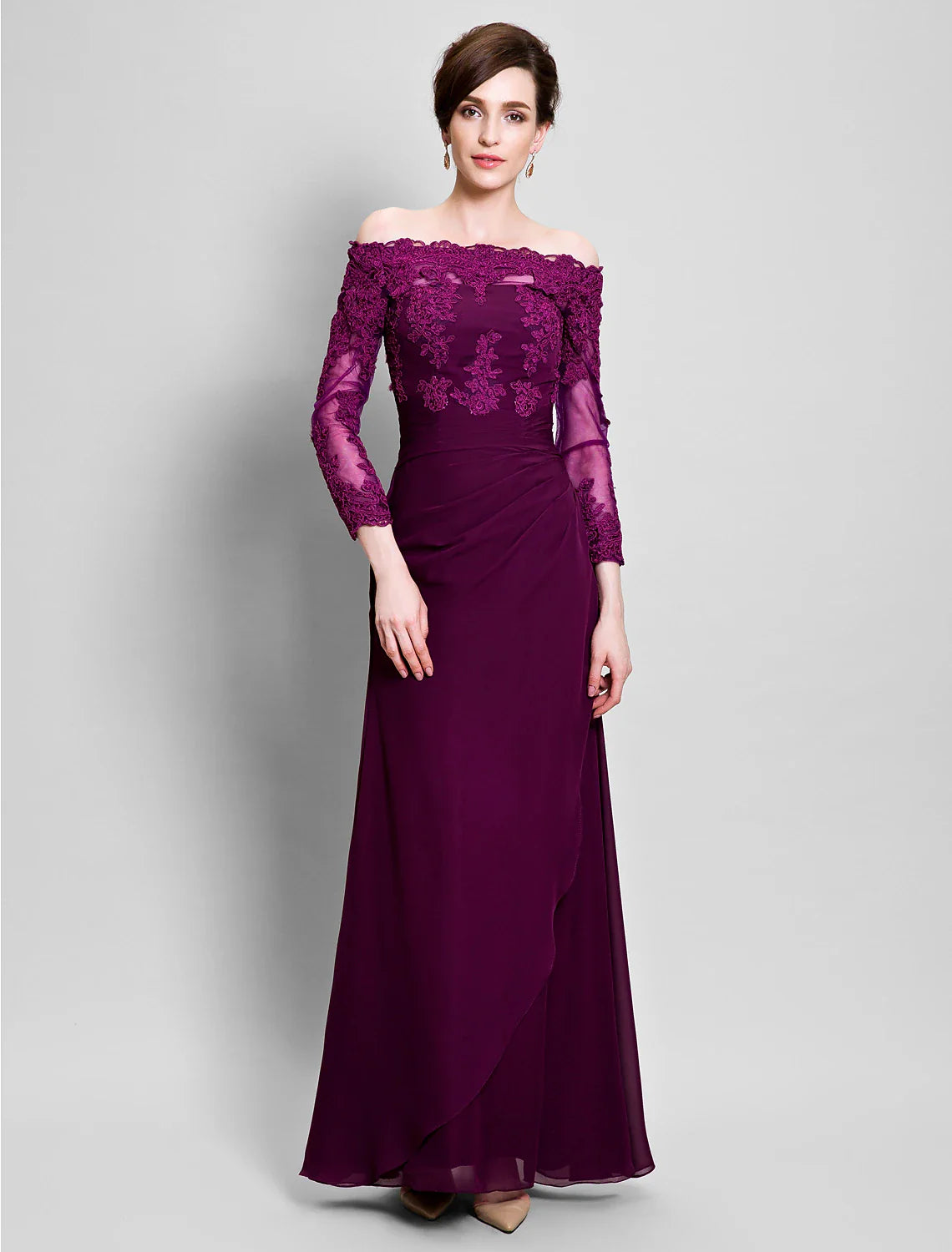 Wholesale Sheath / Column Mother of the Bride Dress Off Shoulder Floor Length Chiffon Tulle No with Ruched Appliques Side Draping